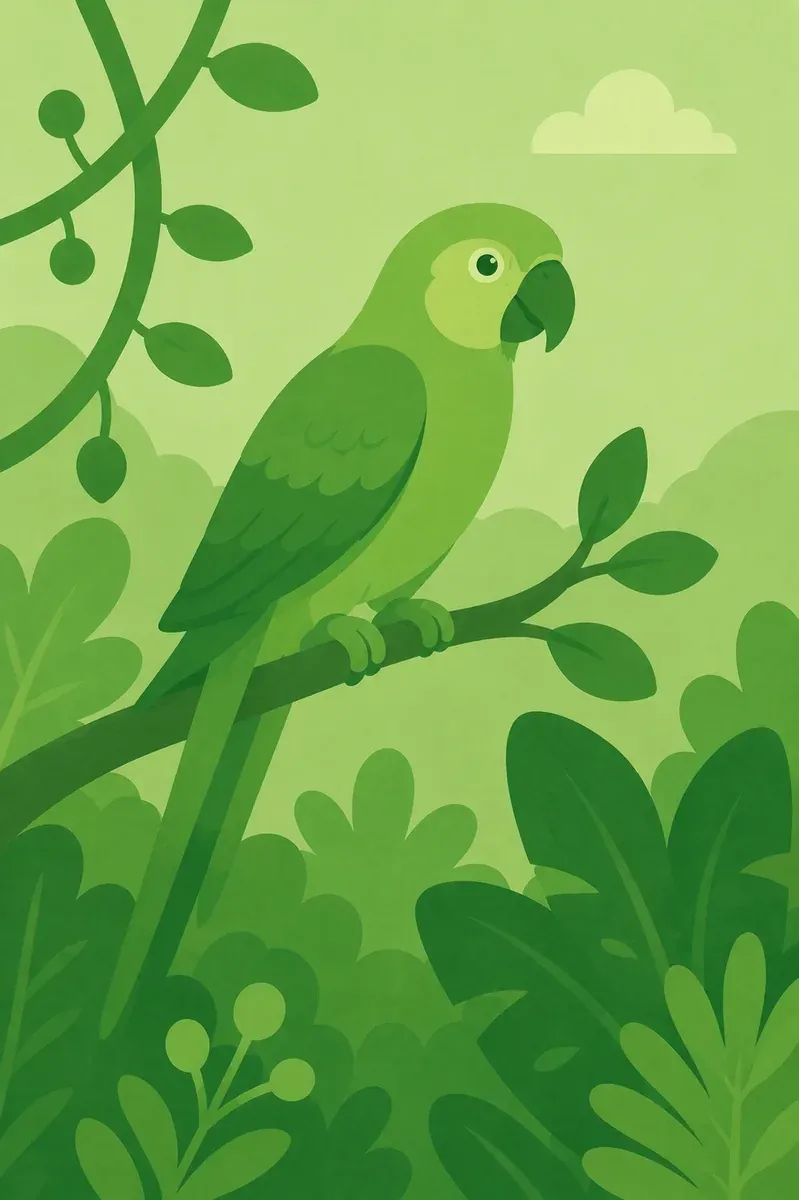 Illustration of a green parrot perched on a branch inside the park aviary