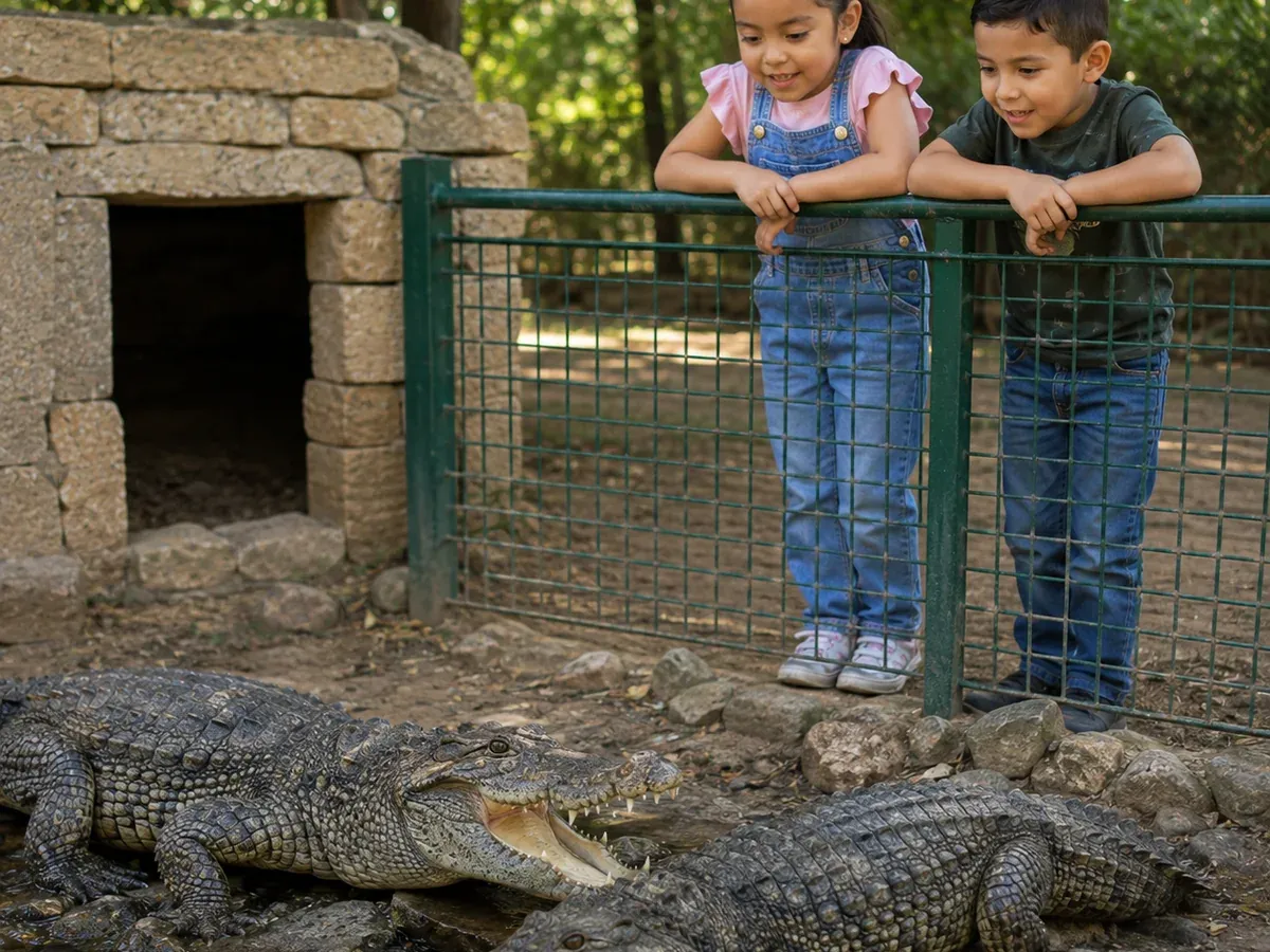 Two children watching crocodiles from the railing of the crocodile and reptile area