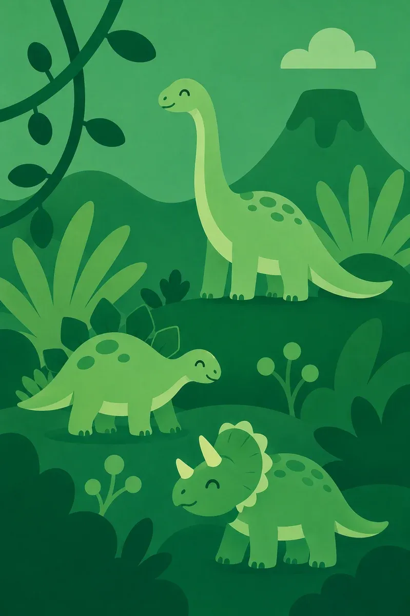 Illustration of dinosaurs among vegetation on the park dinosaur trail