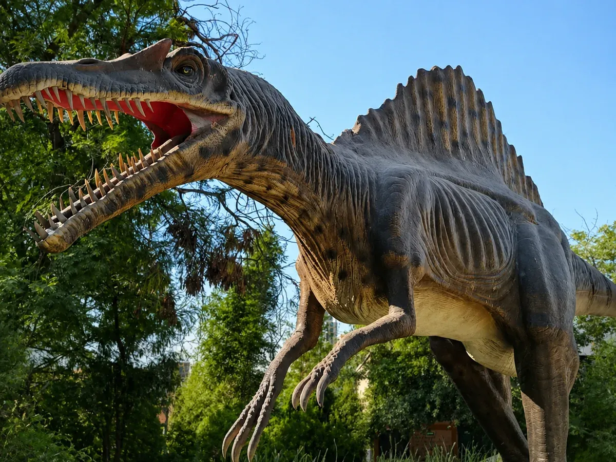 Life-size animatronic dinosaur among the vegetation of the park dinosaur trail