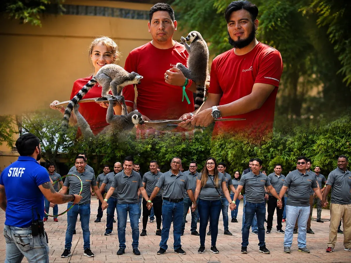 Equipo de trabajo en una convivencia empresarial en el parque, con lémures y actividades de integración
