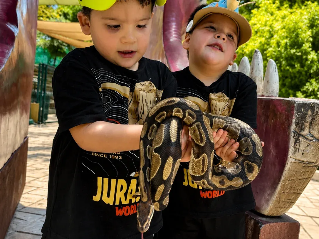 Two children holding a snake during the hands-on animal experiences