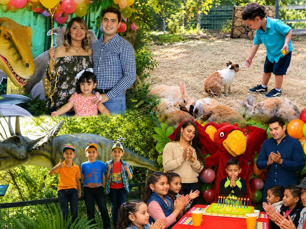 Families celebrating a birthday at the park, surrounded by dinosaurs, rabbits and colorful balloons