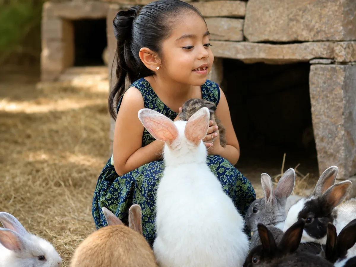 Girl holding a white rabbit surrounded by rabbits at the petting farm
