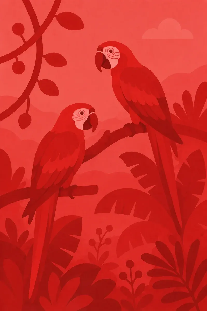 Illustration of red macaws among vegetation, hands-on animal experiences