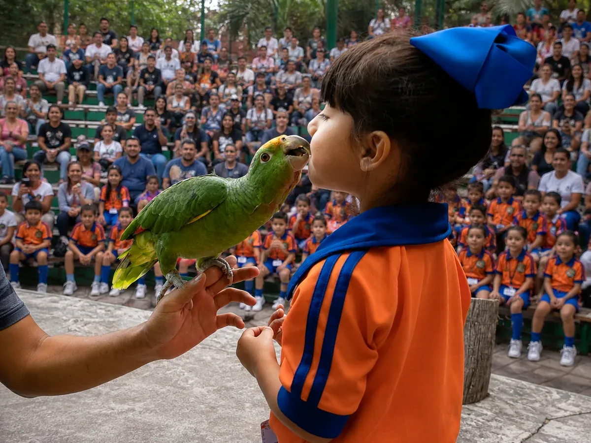 Boy feeding a green parrot during the Plumalia show, with a school group in the stands