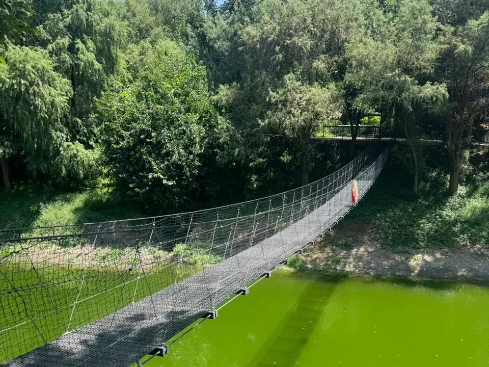 Wooden and net hanging bridge crossing over the water between trees, on the park route
