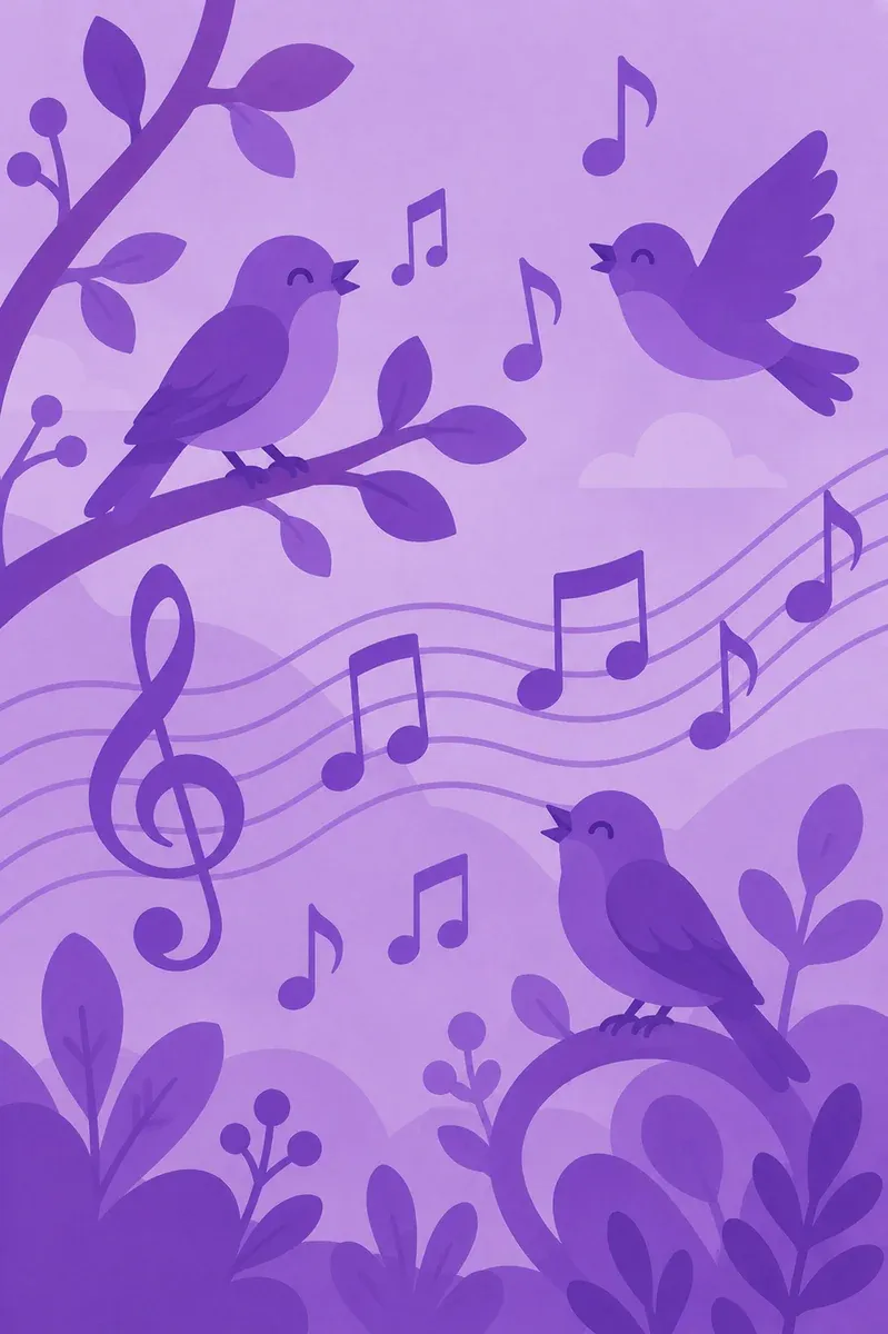 Illustration of birds singing among branches and musical notes, from the Plumalia show